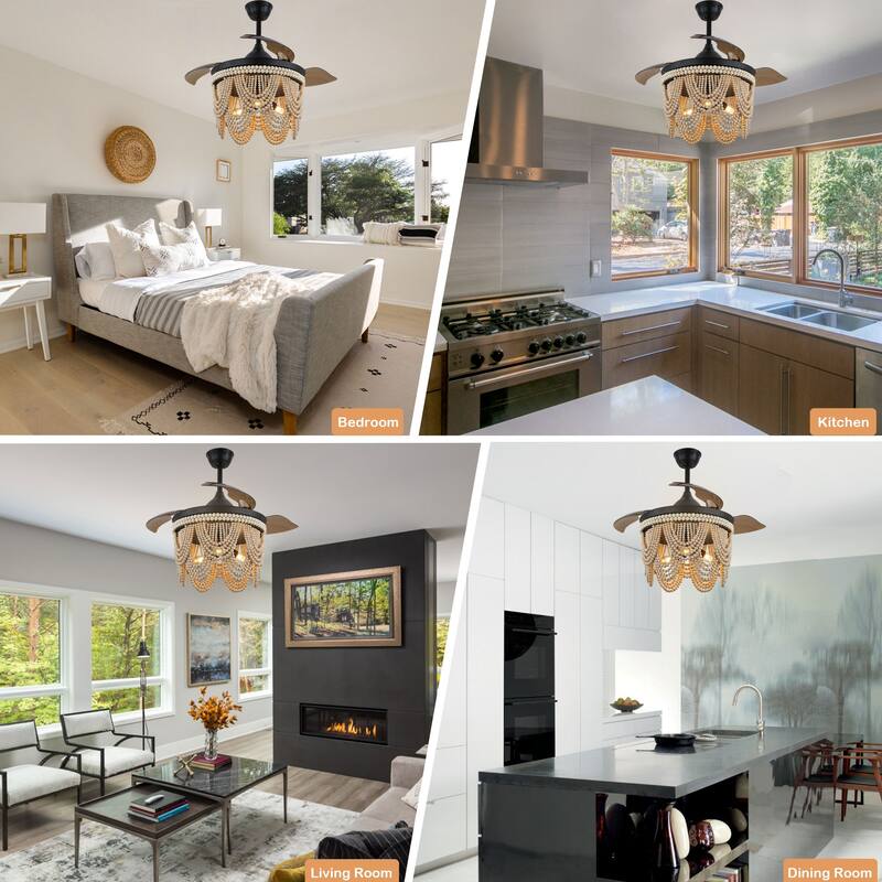 Cusp Barn 42" Retractable Ceiling Fan with Light, Farmhouse Wooden Bead Chandelier, Quiet DC Motor 6 Speeds Bohemian Ceiling Fan