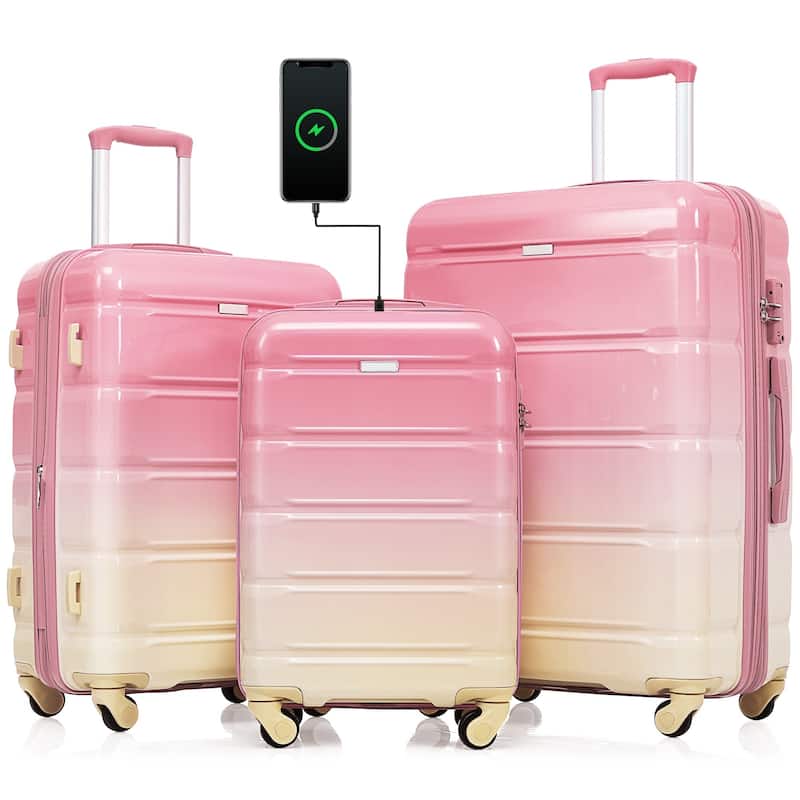 3-Piece, 20-Inch Modern Hard Shell Luggage with USB Port and Spinner Wheels, for Boarding Travel, Pink - Pink