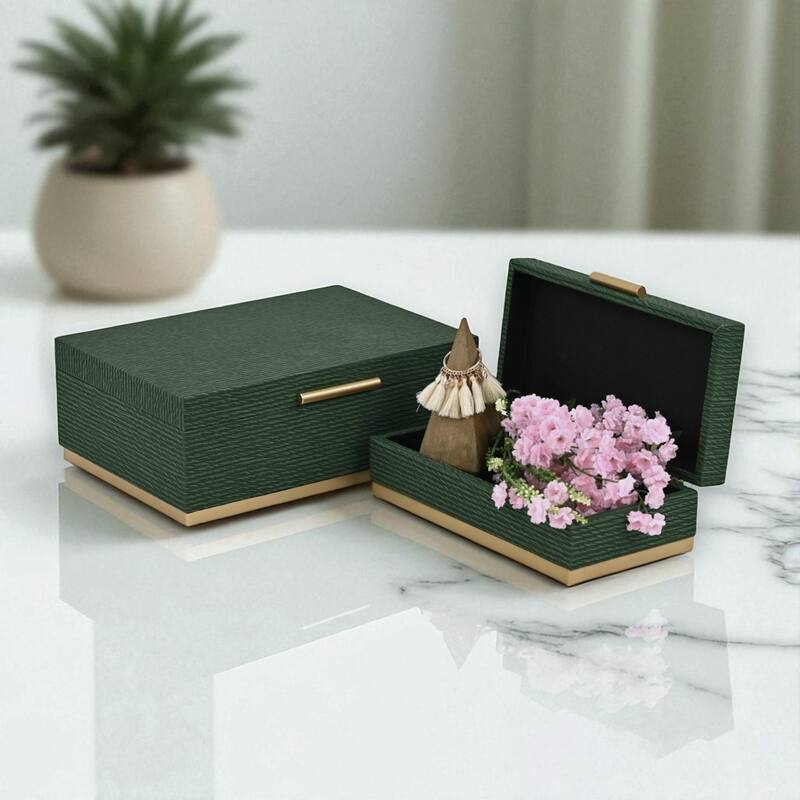 Retro Striped Rectangular Nesting Boxes - 11.75" - Green and Gold - Set of 2