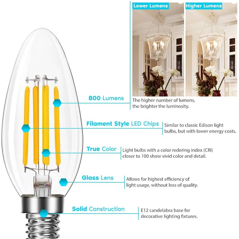 Luxrite Candelabra LED Light Bulbs 100W Equivalent 800 Lumens 7W B11