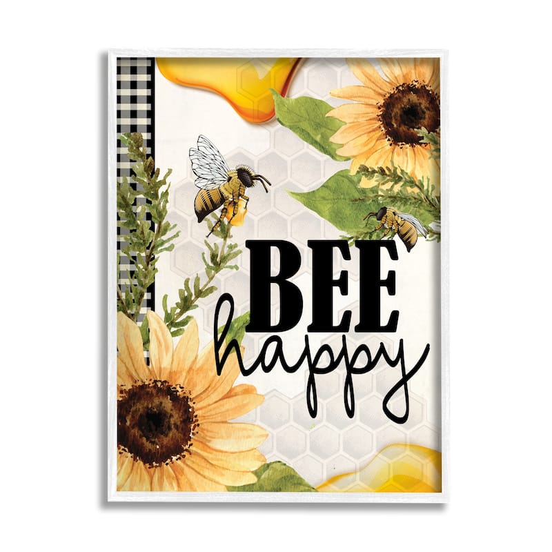 Stupell Bee Happy Sunflower Insect Hive Harvesting Honey Framed Giclee Art Design By Kim Allen - 24 x 30 - White