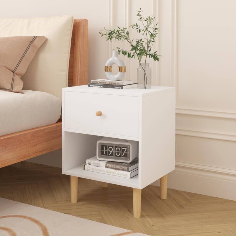 23.22''H White Wooden Nightstand with Drawer and Shelf for Kids & Adults
