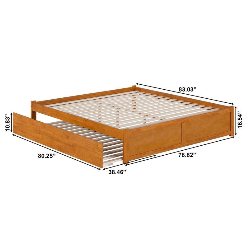 King Size Wood Platform Bed with Trundle - Coastal Cottage Style Bed Frame - Light Toffee Finish