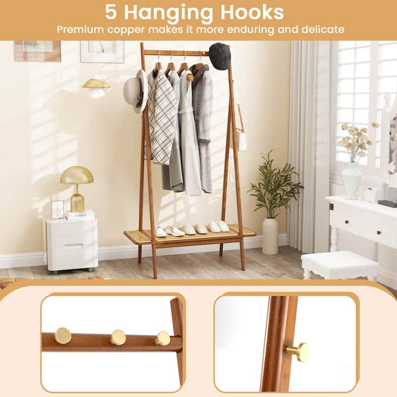 65.5" Clothes Rack Bamboo Garment Rack with Top Hanging Rod