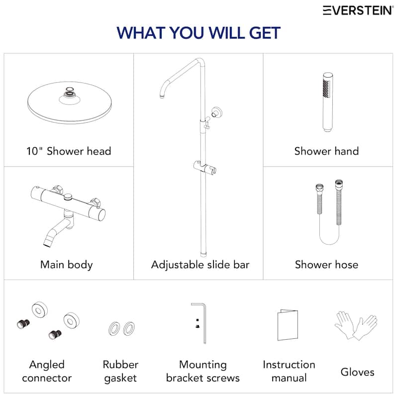 Height Adjustable Thermostatic Shower System with Tub Spout, 10" Rain Shower Head, Hand Shower, Brass Valve