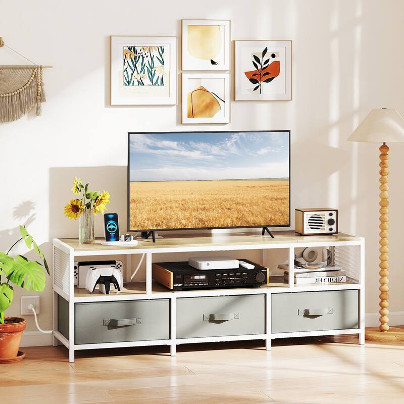 55" Entertainment Unit with Power Outlets Storage Drawers and Wood Grain Finish for Bedroom or Living Room - 55" x 16" x 19.5"