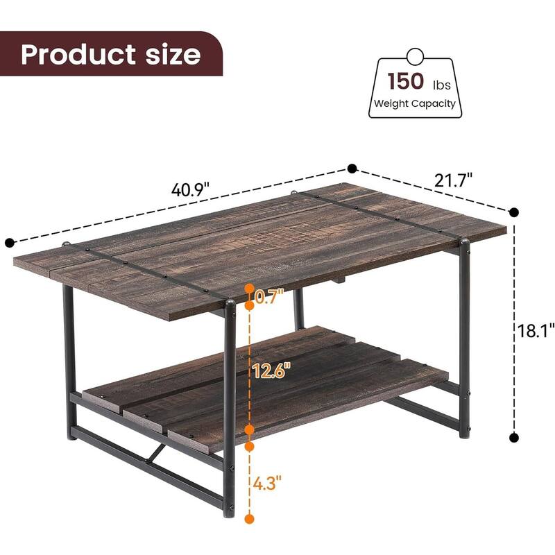 2-Tier Farmhouse 41'' Large Wood Coffee Table with Shelf