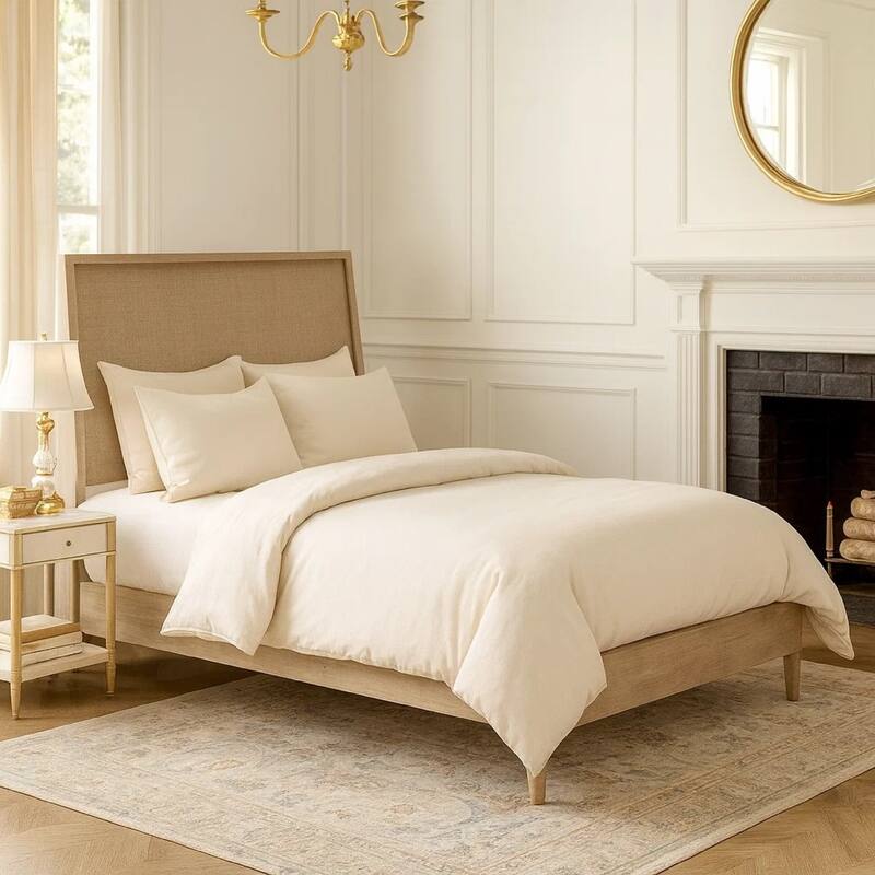 Ciel Queen Panel Bed with Cane Style Headboard, Brown and Beige Wood