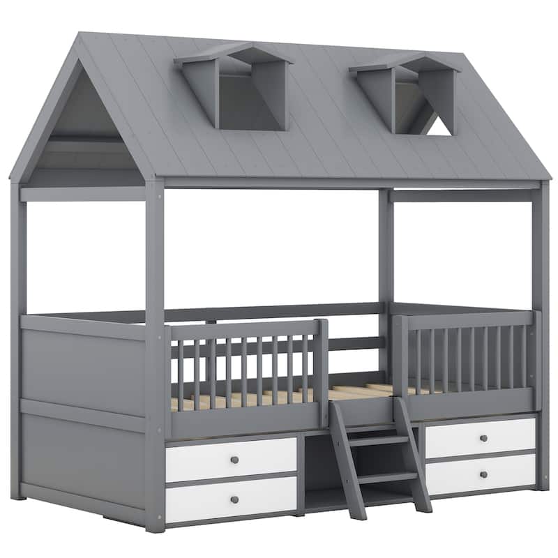Twin Size Wooden House Bed with Fence and Roof for Kids