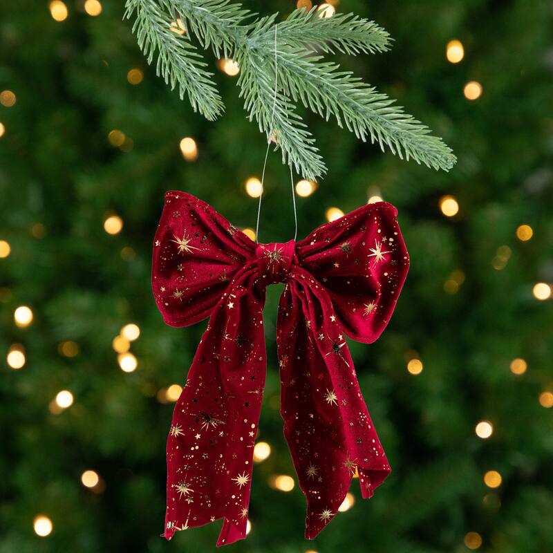 Glittered Starburst Velveteen Bow Christmas Decoration - 9"