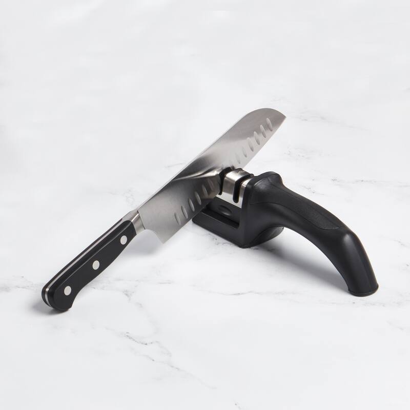 CatCora Dual-Action Knife Sharpener, Professional Sharpening For Straight-Blade Knives, Ergonomic Handle, Non-Slip Base - Silver