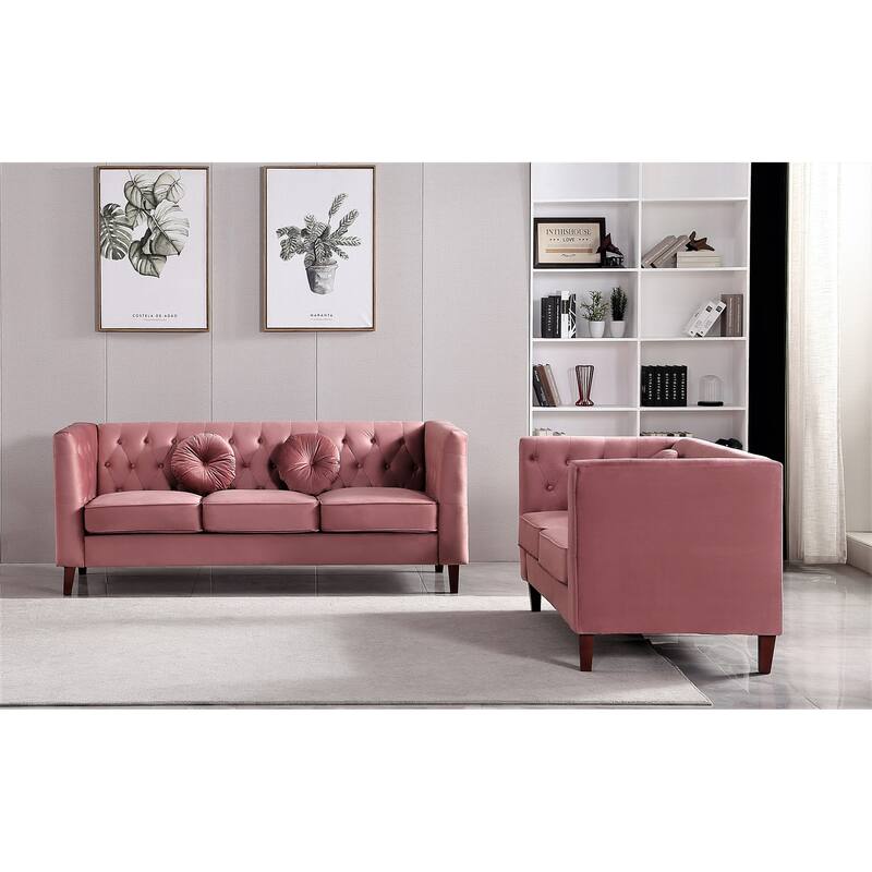 US PRIDE FURNITURE Velvet Classic Chesterfield 2 pieces Living Room Sets, Sofa and Lovesat - Rose