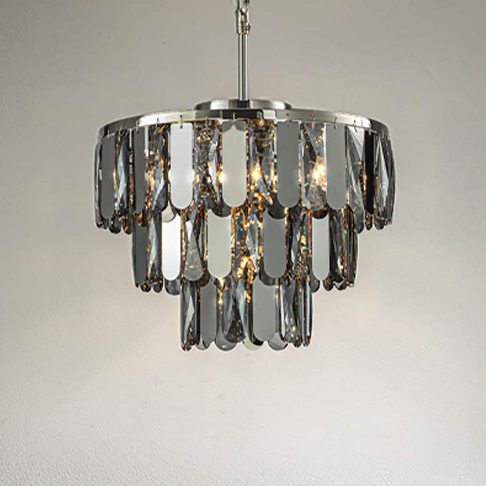 Dimmable Modern Smoked Crystal Chandelier Contemporary Round Polished Nickel Pendant Light Fixture for Dining Room Bedroom
