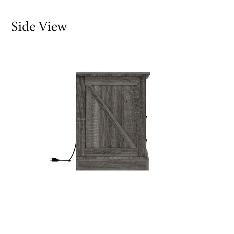 Farmhouse Nightstand with 2 Drawers, Open Shelf & Power Port, Rustic Bedside Table, Antique Brass Handles, White/Grey