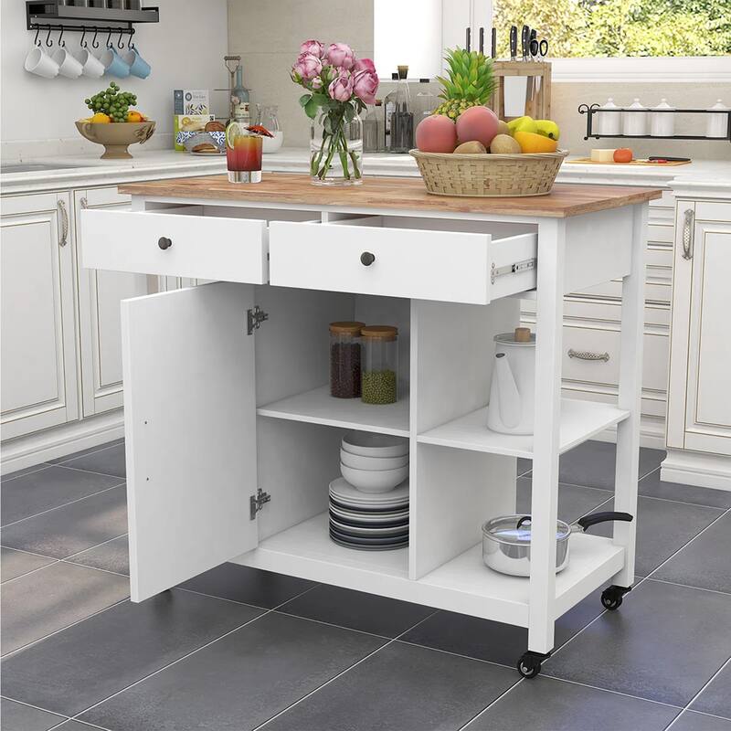 40" Kitchen Island Cart - Rubber Wood Top, Locking Wheels, Versatile Storage & Towel Rack,White