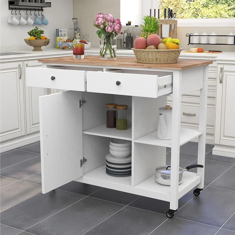 40" Kitchen Island Cart with Rubber Wood Top and Locking Wheels - White