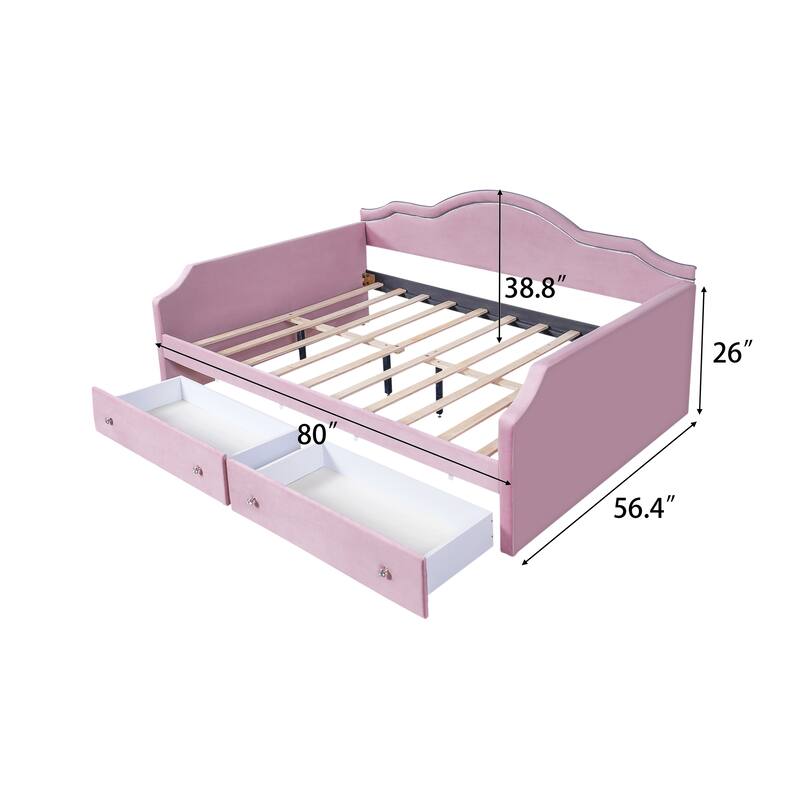 Pink Velvet Upholstered Full Size Daybed with LED Lights and 2 Storage Drawers
