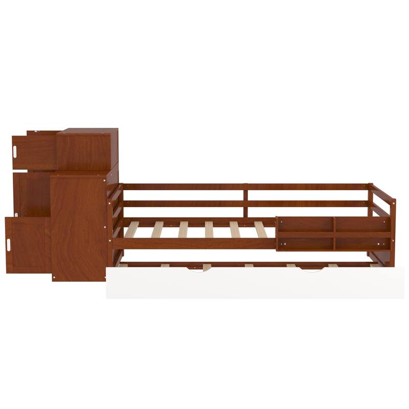 Multifunctional Twin Wood Platform Bed with Bookshelf, Wardrobe, and Trundle, Walnut Finish