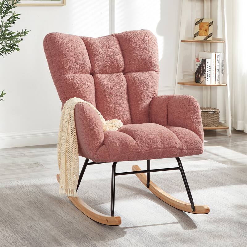 Glider Chair for Living Room Tufted Upholstered Teddy Fabric Rocking Chair with Metal Frame Accent Chair - Pink
