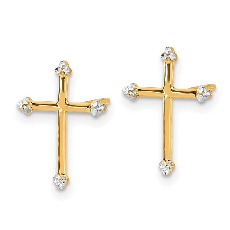 Curata 14k Yellow Gold White Rhodium Sparkle Cut Cross Post Earrings - 14.3x10.6mm