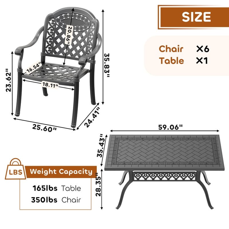 7-Pc Aluminum Patio Set , 6 x Armchairs with Red Cushions with 1 Table
