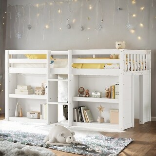Twin Size Low Loft Bed with Two-Tier Shelves, LED Light, and Built-In Playroom for Kids, White