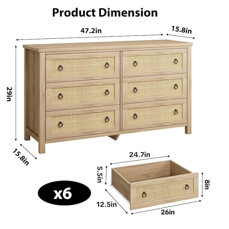 Boho Wide Drawer Dresser with Storage, Wooden Closet Dressers Chest of Drawers Freestanding for Bedroom