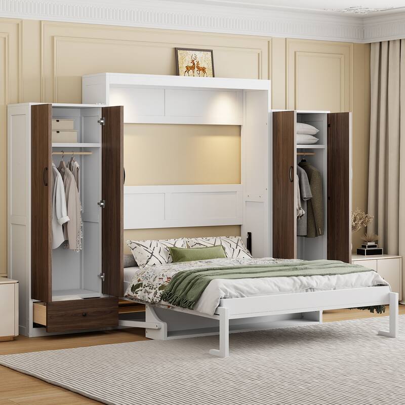 Murphy Bed Wall Bed with Wardrobe, Drawers, LED Light and Desk