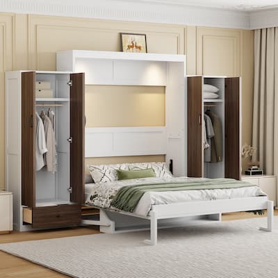 Roomfitters Full/Queen Size Murphy Bed with Closet, Table and Concealed Storage Compartments, Foldable Wall Frame