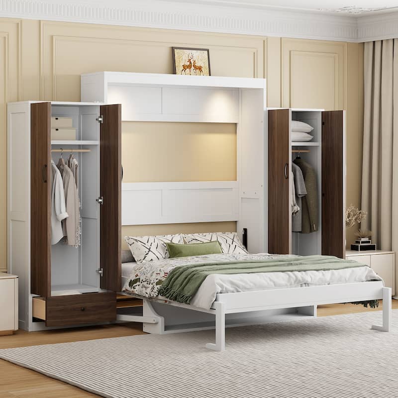 Space-Saving Murphy Bed with Built-In Desk, Closet, and Drawers, White - White