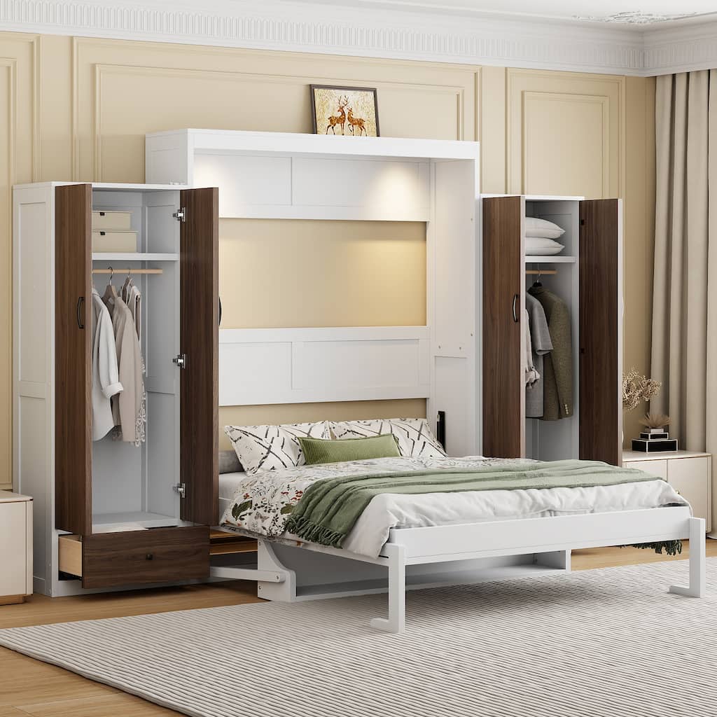 Space-Saving Murphy Bed with Built-In Desk, Closet, and Drawers, White