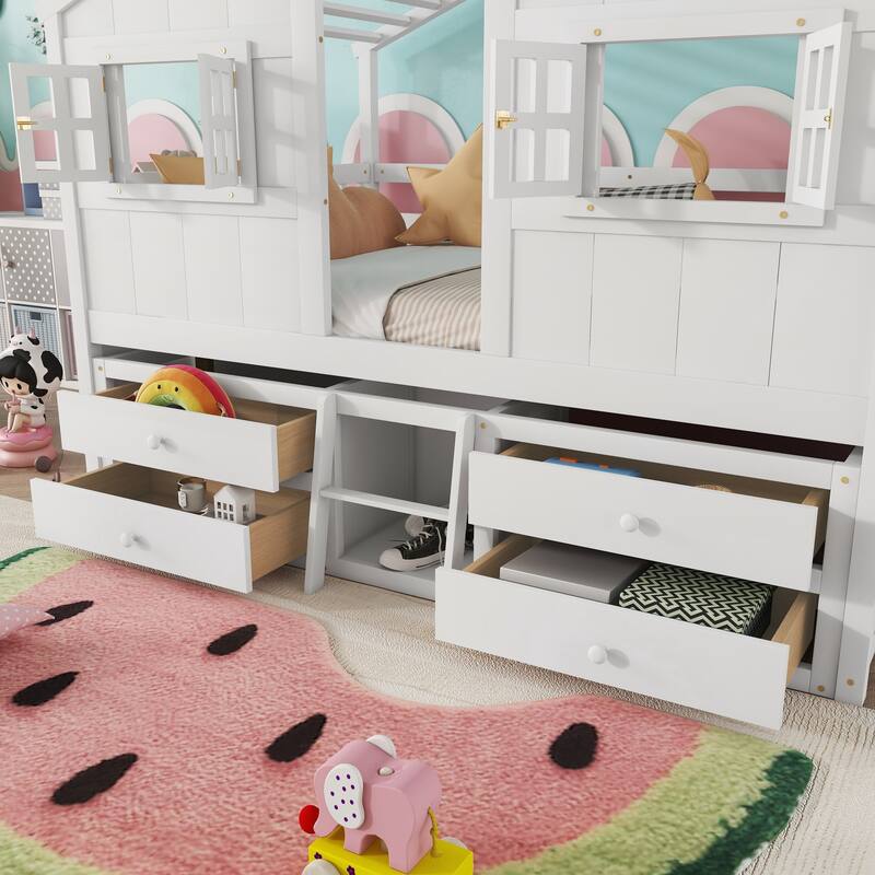 Full Size House Loft Bed with 4 Storage Drawers and Safety Guardrails