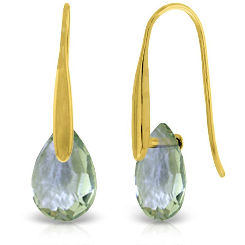 14K Solid Gold Hook Earrings w/ Dangling Briolette Green Amethysts - Yellow