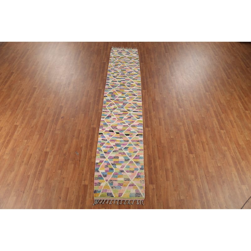Trellis Striped Moroccan Oriental Runner Rug Handmade Wool Carpet - 2'4"x 12'9"
