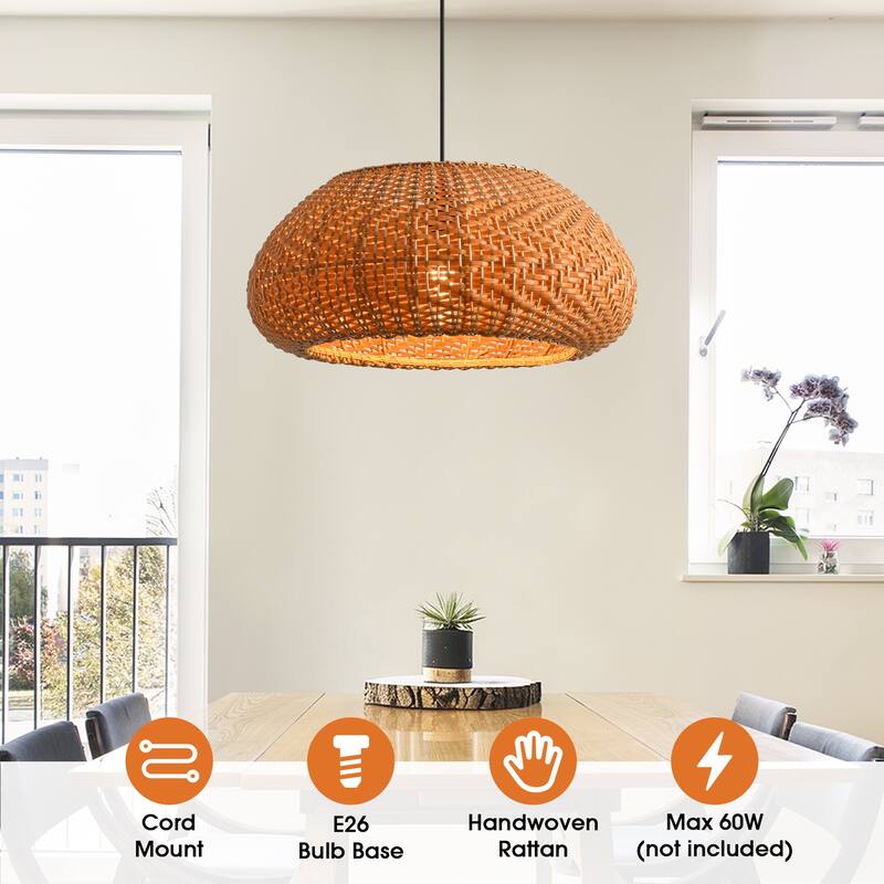 18.9" Bohemian Light Brown Handwoven Rattan Caged Pendant Light - 18.9" D x 18.9" W x 55.12" H
