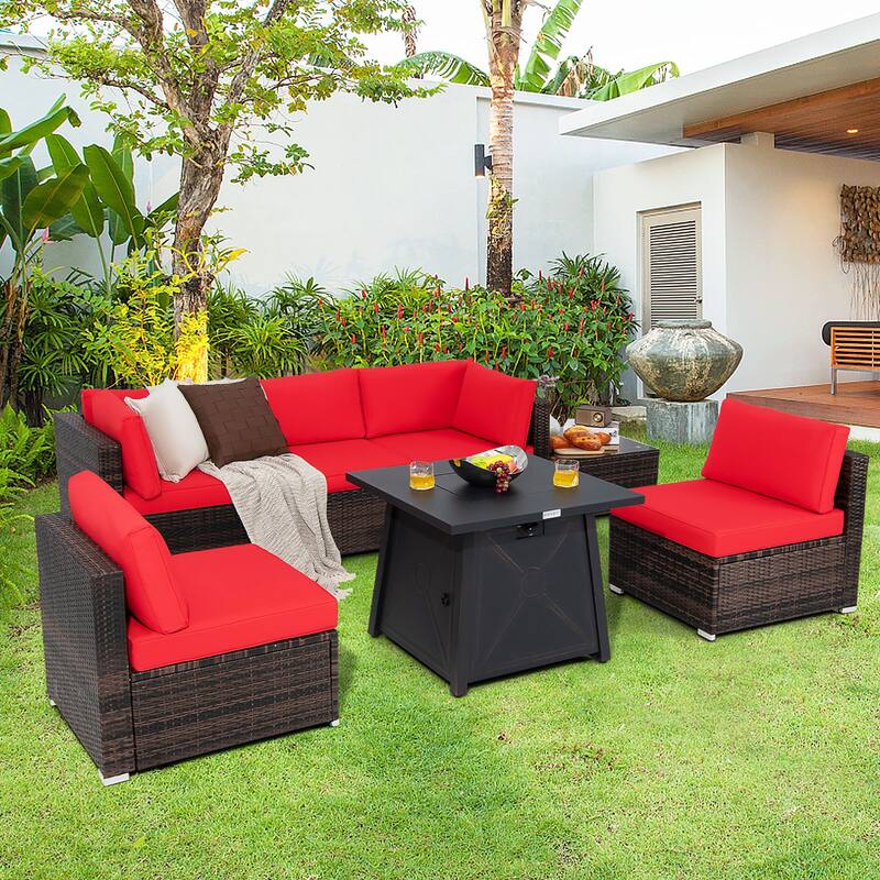 Costway 7PCS Patio Rattan Furniture Set Fire Pit Table Cover Cushion - See Details