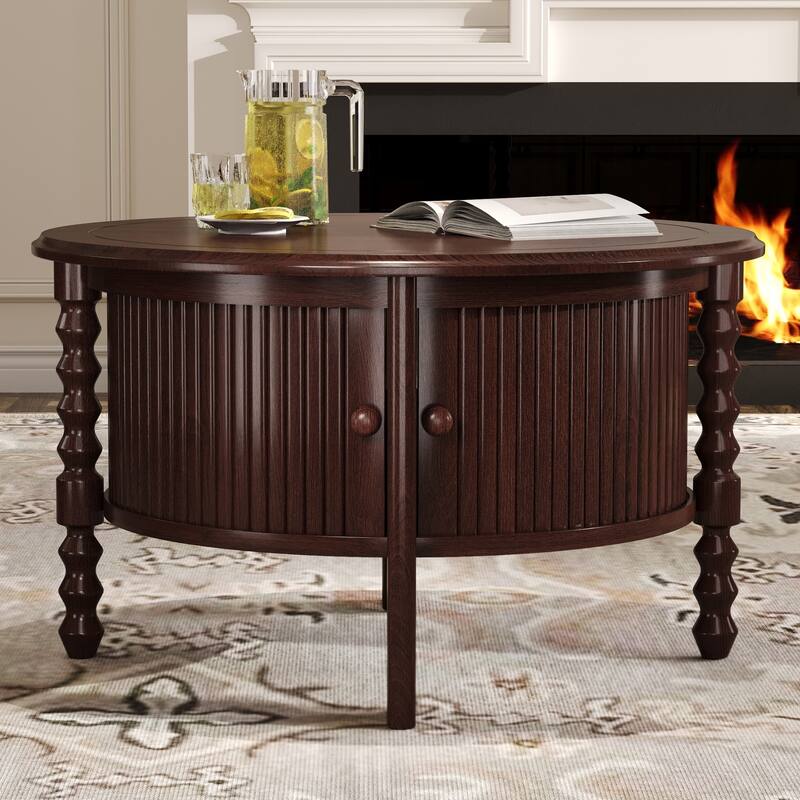 30''x30'' Vintage Round Coffee Table with Sliding Door - Walnut