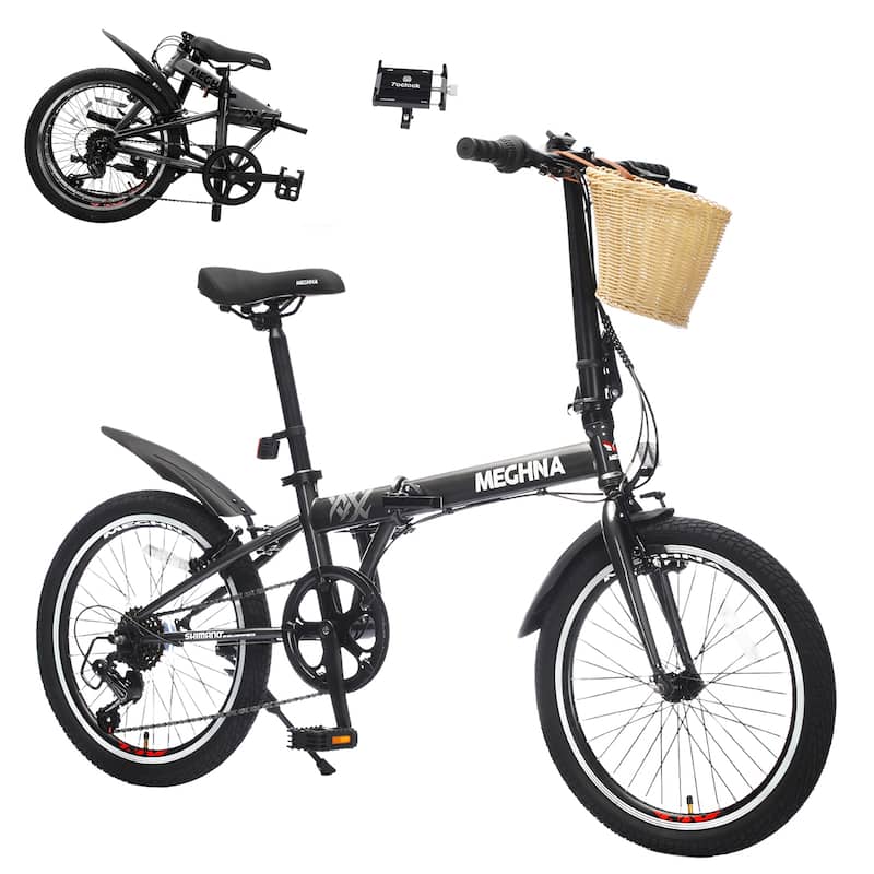 20 Inch Folding Bike for Adults with Basket,Phone Holder & Fenders,Steel Frame 6-Speed City Commuter, Dual V-Brake Portable - DARK GREY