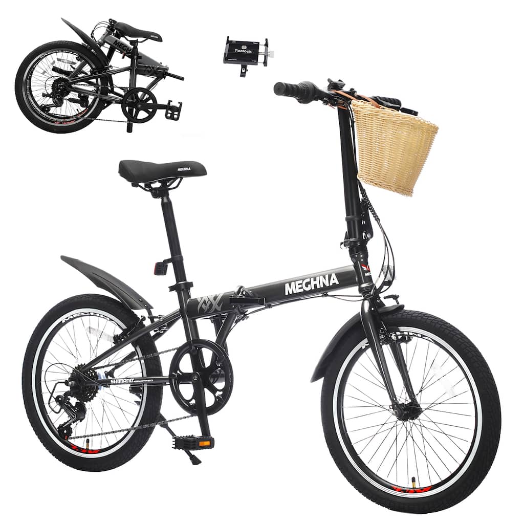 20 Inch Folding Bike for Adults with Basket,Phone Holder & Fenders,Steel Frame 6-Speed City Commuter, Dual V-Brake Portable