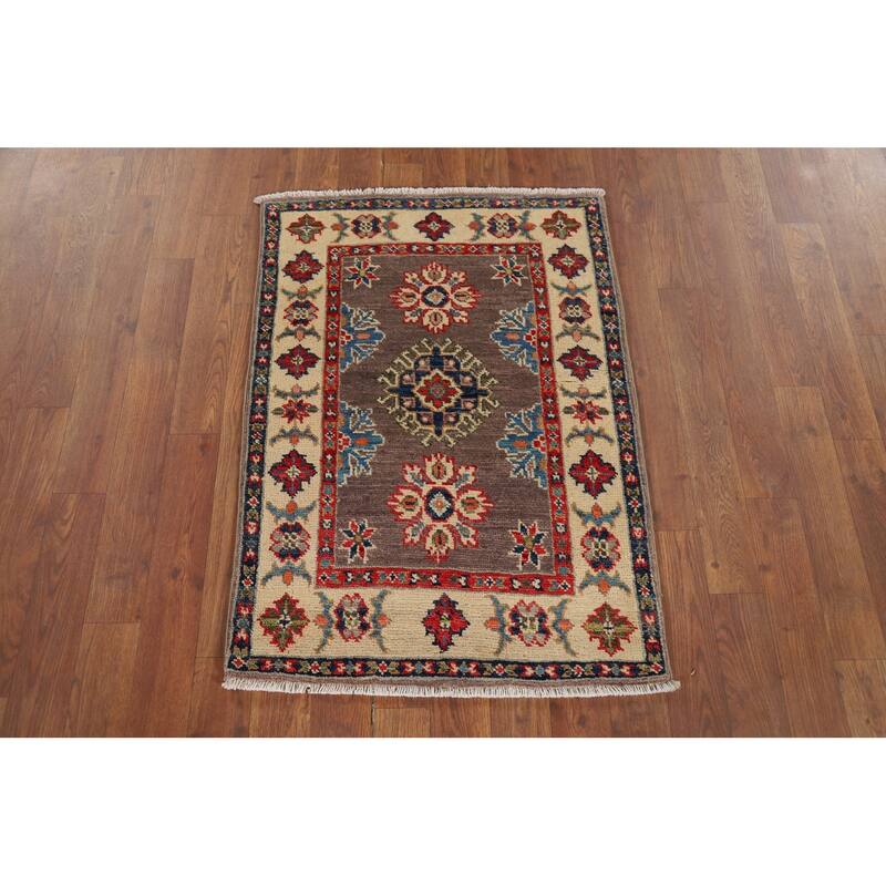 Hand Knotted Oriental 100% Wool Carpet Traditional Geometric Brown Kazak Area Rug - 2' 11'' X 2' 1''