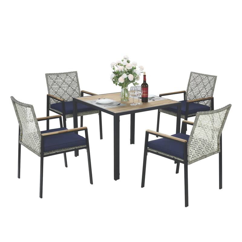 All Weather 5-Piece Patio Dining Table Sets, Patio Conversation Set Acacia Wood Table Top with Umbrella Hole, Rattan Outdoor - Light Gray