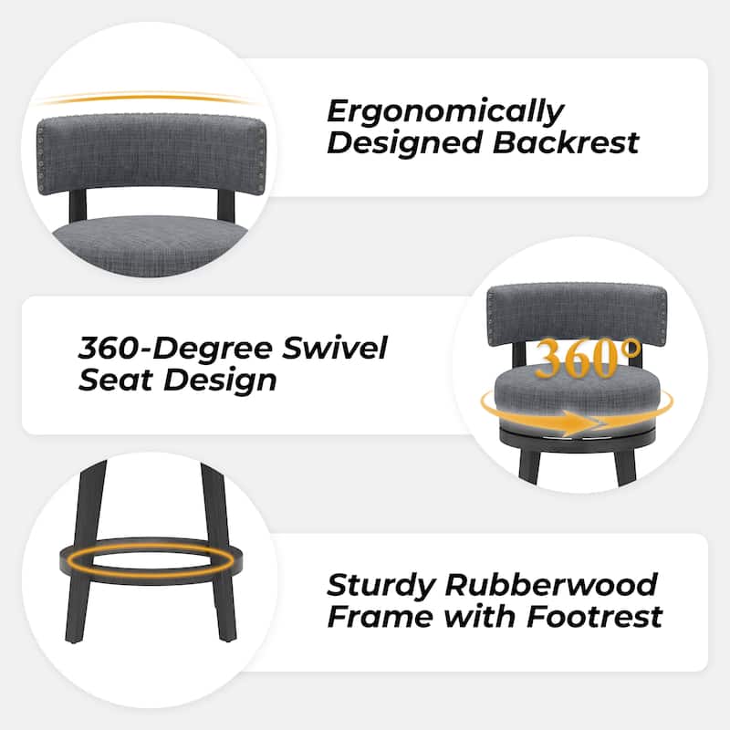 Modern Velvet Swivel Bar Stool - 25" or 30" Counter Height with Adjustable Footrest & Walnut Base, for Kitchen Islands