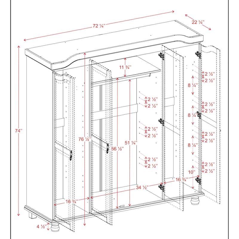 100% Solid Wood Kyle 4-Door Wardrobe Armoire with Mirrored Doors
