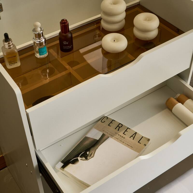 3-In-1 Vanity Desk with Visible Glass Tabletop, 3 Drawers, Storage Bench and 3-Color Lighting Mirror