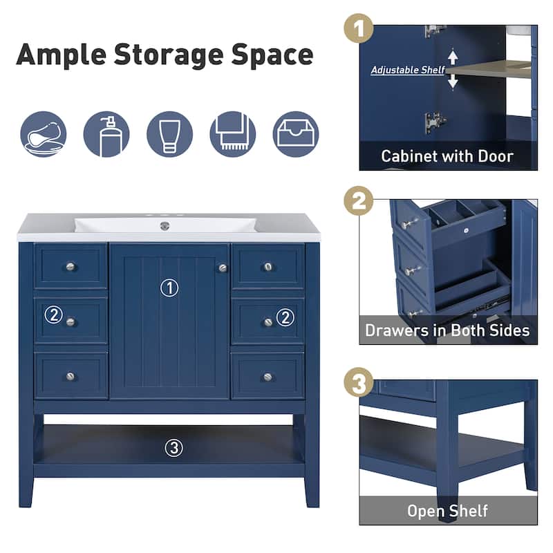 36" Bathroom Vanity with Sink Combo, One Cabinet and Three Drawers, Solid Wood and MDF Board