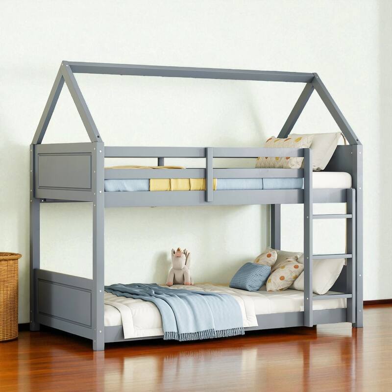 Twin over Twin House Bunk Bed with Roof Frame, Guardrails, Ladder and Headboards, Rubber Wood Kids Floor Bed
