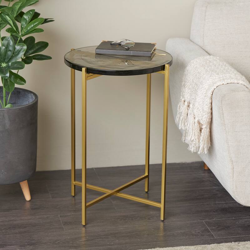 Gold or Black Metal X-Shaped Side End Accent Table with Textured Glass Tabletop - Gold