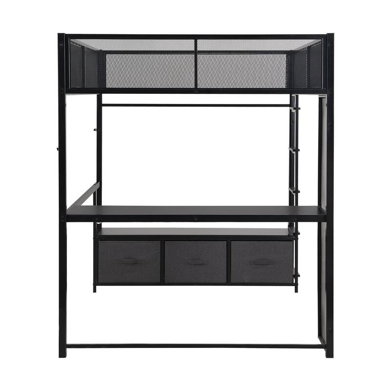 White Full Size Metal Loft Bed with Desk, LED Lighting, Storage Drawers, and Wardrobe for Gaming