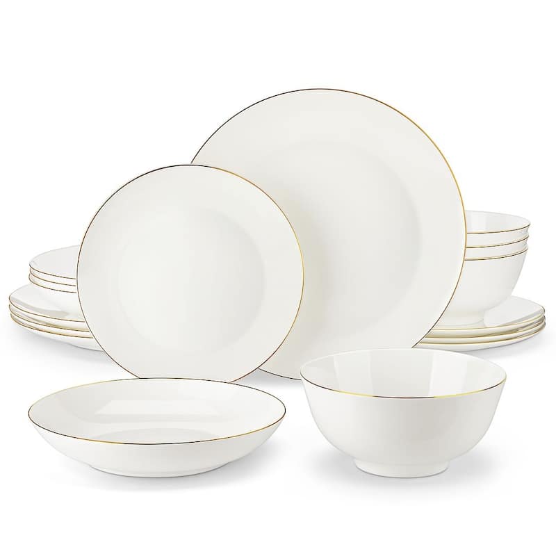 MALACASA 16-Piece New Bone China Dinnerware Set, Service for 4 - NORI - Gold Trim