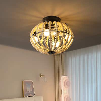 Beaded Fan lamp Wood Beaded Chandelier for living room,Oak White